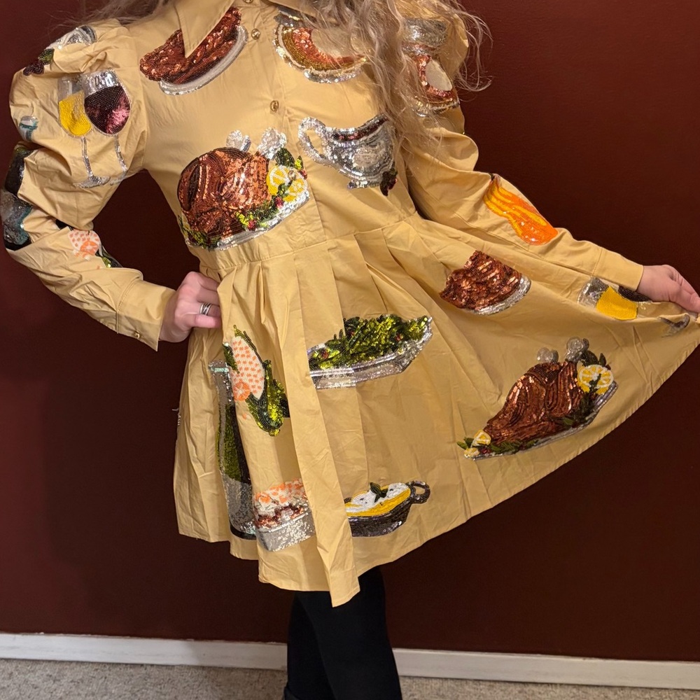 Unique Tan Dress Sequin Food Design QOS Queen of sparkles sequin Thanksgiving